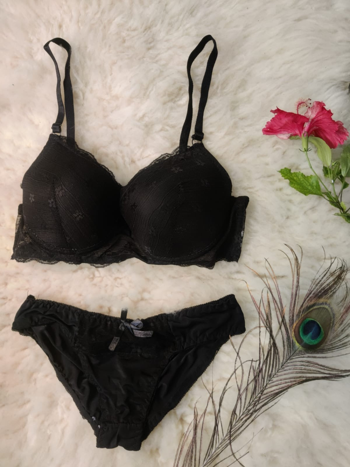 Black Double Padded Lace Bra and Panty Set