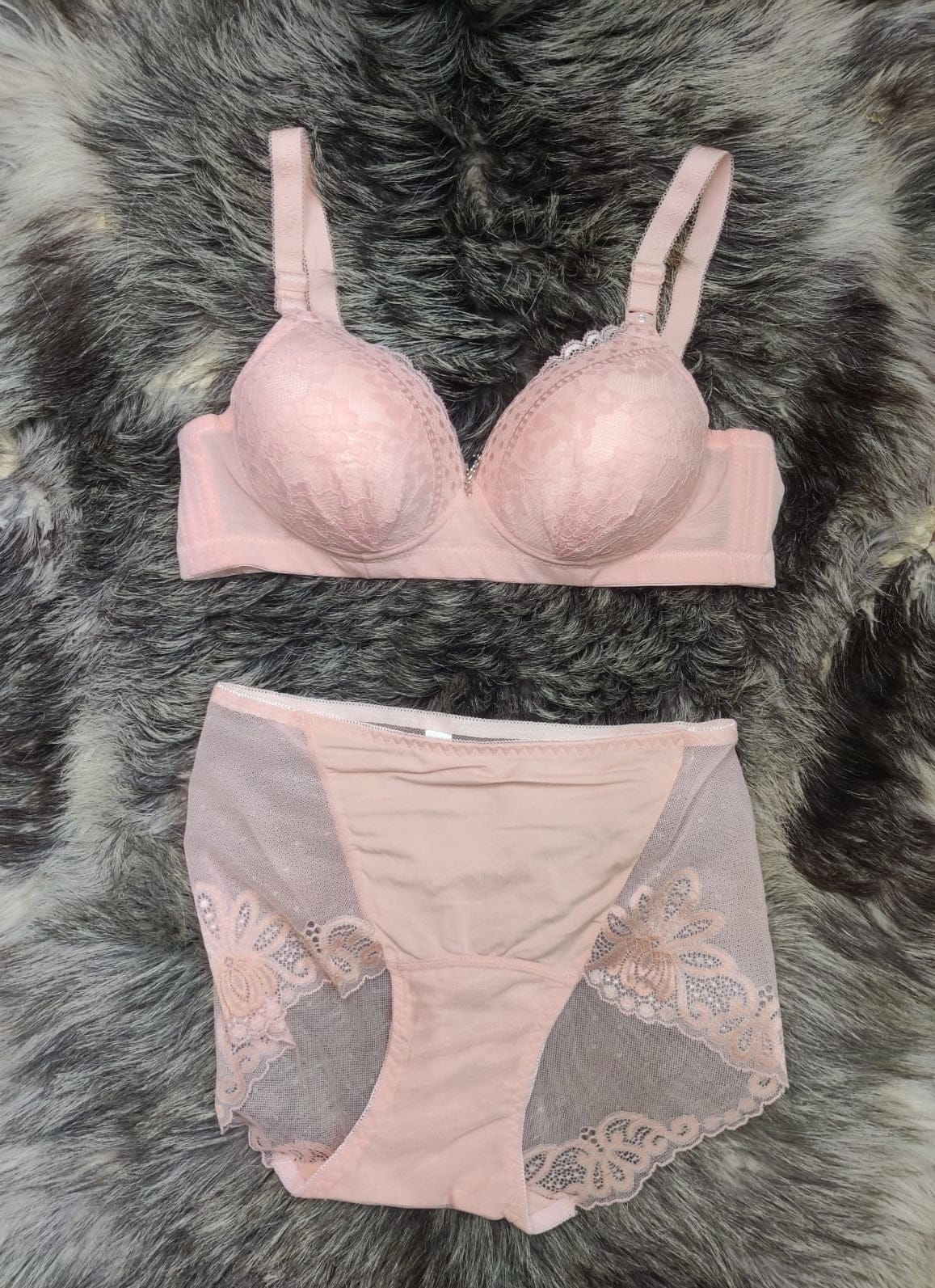 Sweet Pink Embroidered Padded Lace Bra and Panty Set