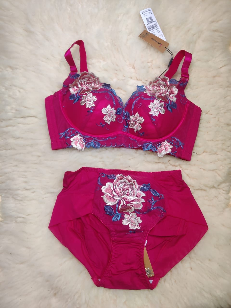 Light Red Floral Padded Lace Bra and Panty Set