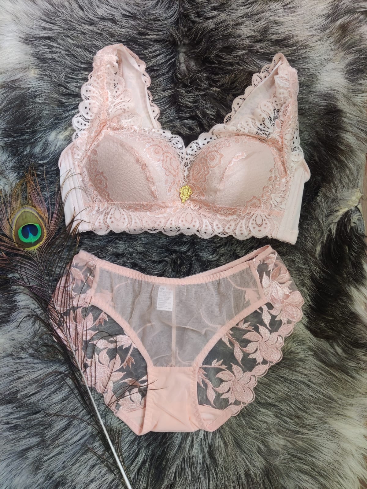 Exclusive Limited Edition Peach Floral Padded Lace Bra and Panty Set