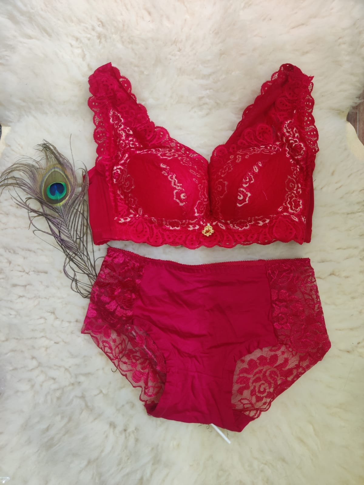 Exclusive Limited Edition Red Floral Padded Lace Bra and Panty Set