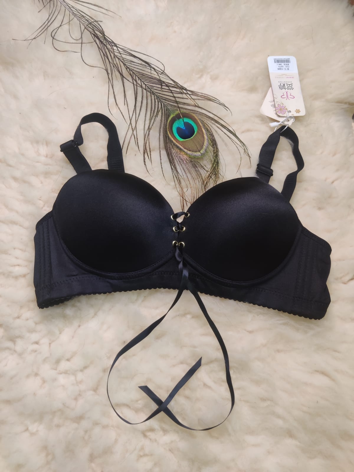 Black Wired Front Ribbon Bra